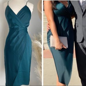 ❤️ Lulus Quite Likely Dark Teal Satin Asymmetrical Midi Dress